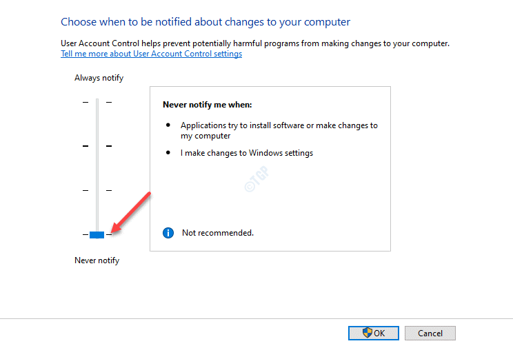 Настройки контроля учетных записей пользователей Переместите ползунок, чтобы никогда не уведомлять