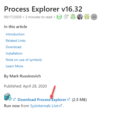 Официальная ссылка Microsoft для Process Explorer Скачать Process Explorer