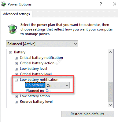 Power Options Advanced Settings Battery Low Battery Notification On Battery On