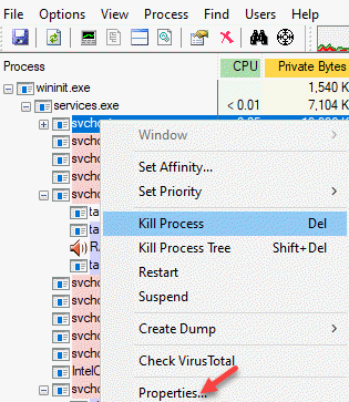 Щелкните правой кнопкой мыши процесс Process Explorer Свойства