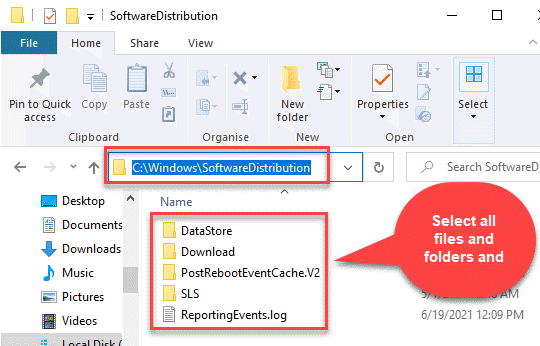 File Explorer Navigate To Software Distribution Folder Select All Files And Folders Hit Delete