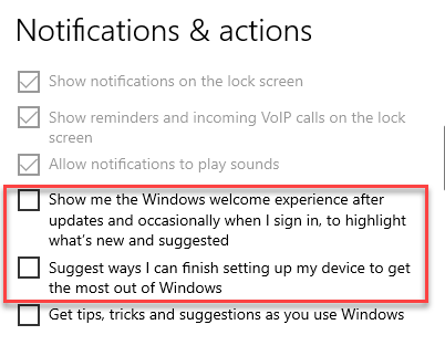 Settings System Notifications & Actions Windows Welcome Experience And Finish Setting Up My Device Uncheck