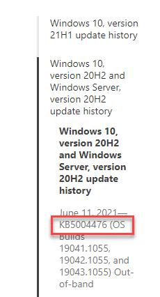 Страница истории обновлений Windows 10 Примечание вниз Число килобайт слева