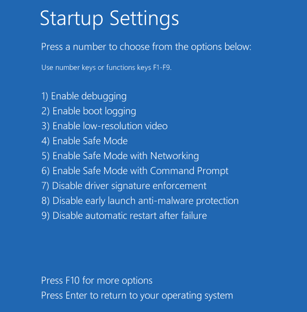 Startup Settings Options Safe Mode 1234 Startup Repair