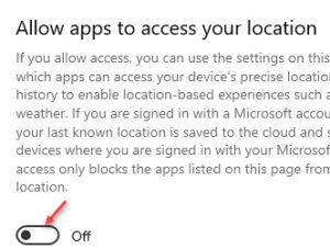Allow apps to access your location Turn off