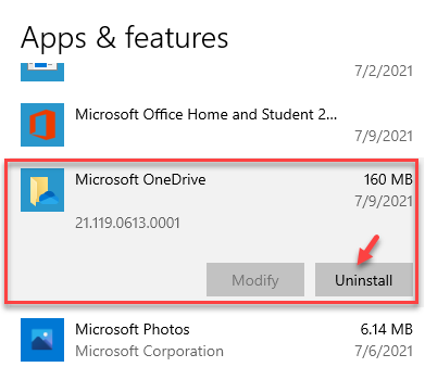 Settings Apps & Features Microsoft Onedrive Uninstall