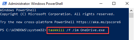 Windows Powershell (администратор) Выполнить команду для завершения работы приложения Onedrive Enter