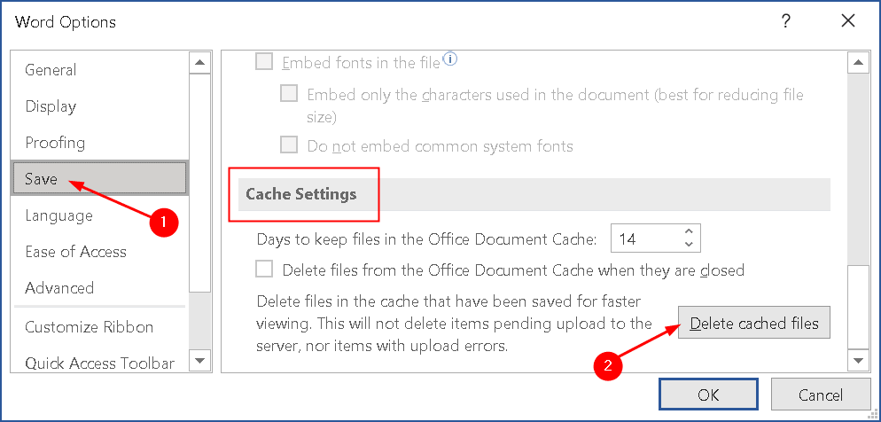 Word Options Cache Settings Min