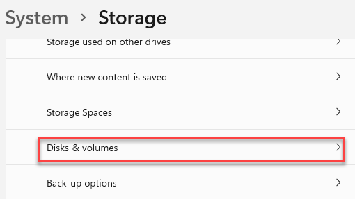 Advanced Storage Settings Disks & Volumes