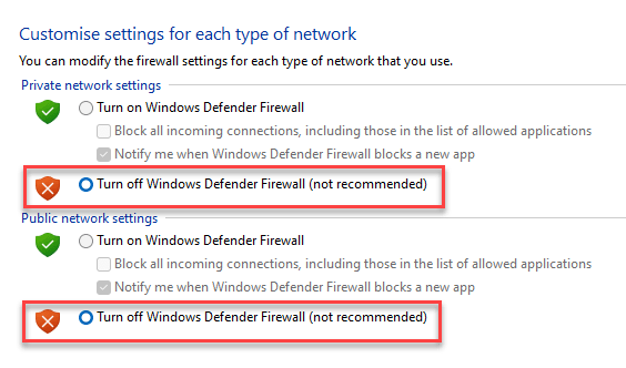 Customise Settings Private Network Settings Turn Windows Defender Firewall On Or Off Public Network Settings Turn Windows Defender Firewall On Or Off Ok Min