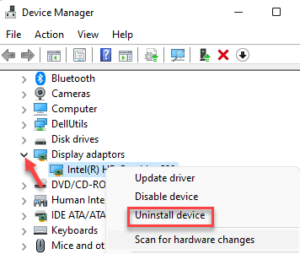 Device Manager Display Adapters Driver Right Cick Uninstall Device Min