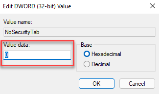 Edit Dword (32 Bit) Value Value Data 0 Ok