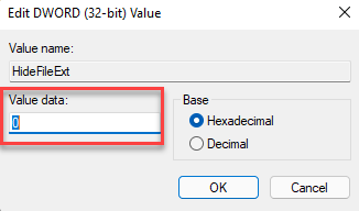 Edit Dword (32 Bit) Value Value Data 0 для отображения расширений файлов OK