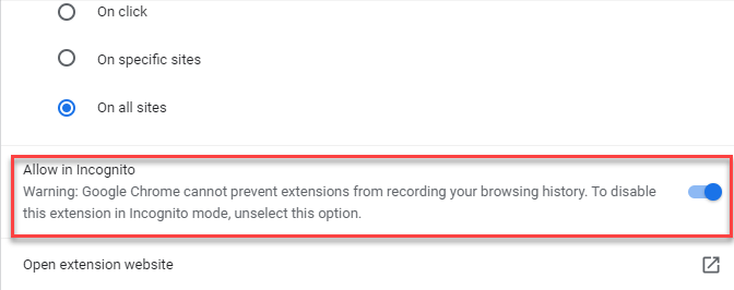 Extension Details Allow In Incognito Enable