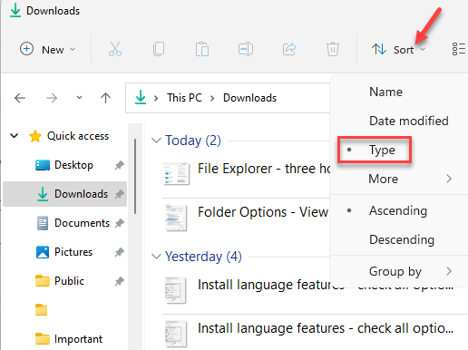 File Explorer Требуемая папка Сортировка и параметры группы Тип Мин.