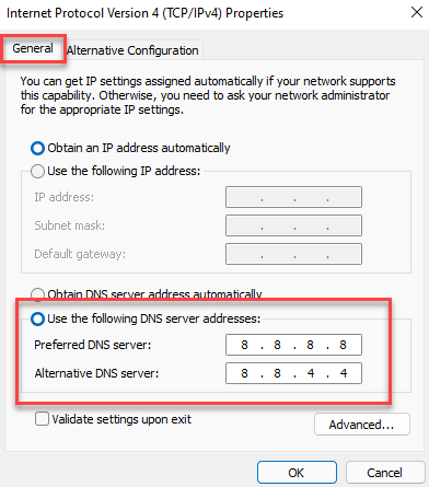 Интернет-протокол версии 4 Свойства Общие Предпочитаемый DNS-сервер Альтернативный DNS-сервер