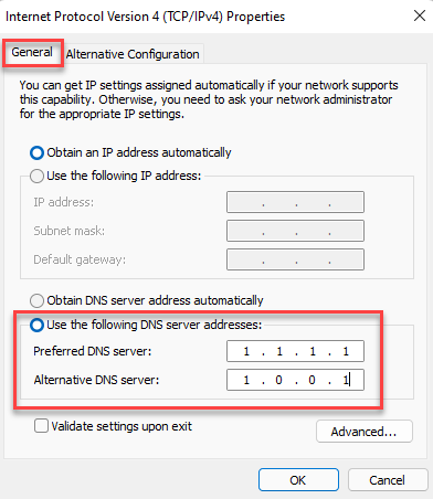 Интернет-протокол версии 4 Свойства Общие Попробуйте другой предпочитаемый DNS-сервер Альтернативный DNS-сервер