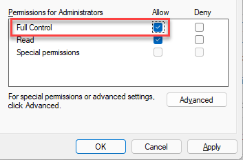 Permissions Permissions For System, Administrators Or Users Full Control Check