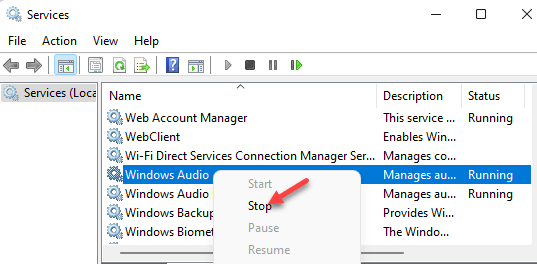 Services Windows Audio Right Click Stop Min