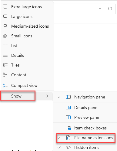 View (layout And View Options) Show File Name Extensions
