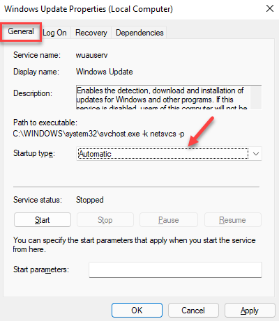 Windows Update Properties General Startup Type Automatic Apply Ok