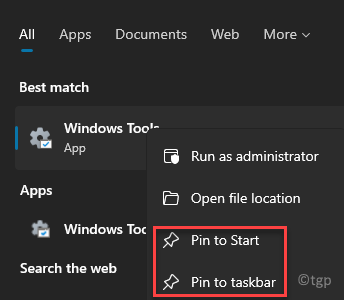Windows Search Windows Tools Result Right Click Pin To Start Or Pin To Taskbar