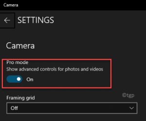 Camera settings Pro mode turn on