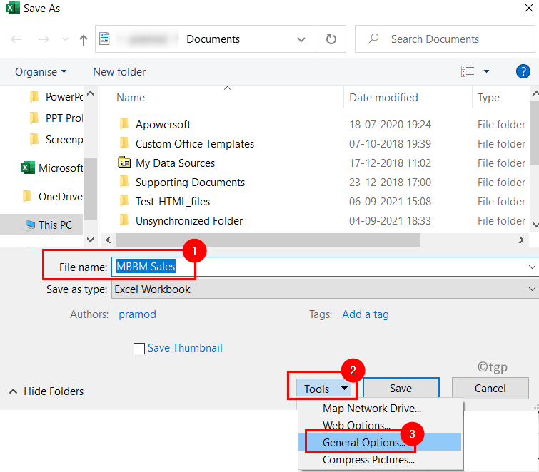 Excel File Save As Tools General Options Min