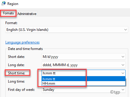 Region Formats Tab Short Time Select Format From Drop Down Apply Ok Min