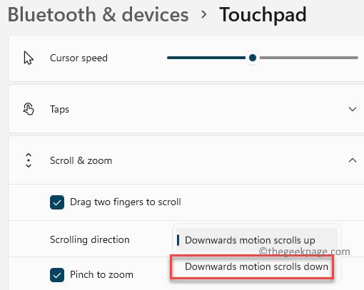 Bluetooth и устройства Сенсорная панель Прокрутка и масштабирование Направление прокрутки вниз Движение Прокрутка вниз Мин.