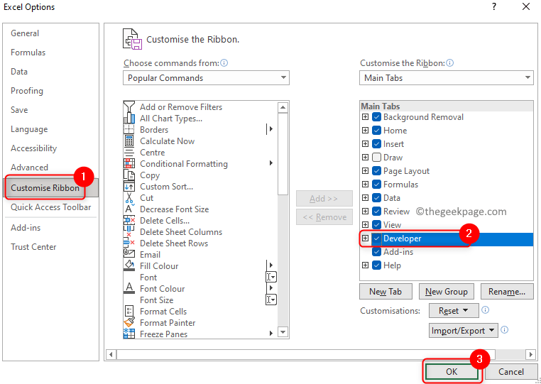Excel Options Customize Ribbon Developer Min