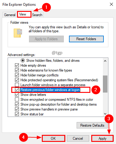 restore previous folder windows at logon