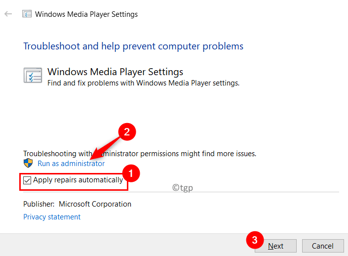 Параметры проигрывателя Windows Media Автоматически применять исправления Мин.