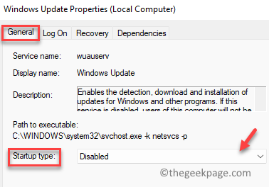 Windows Update Properties General Startup Type Disabled