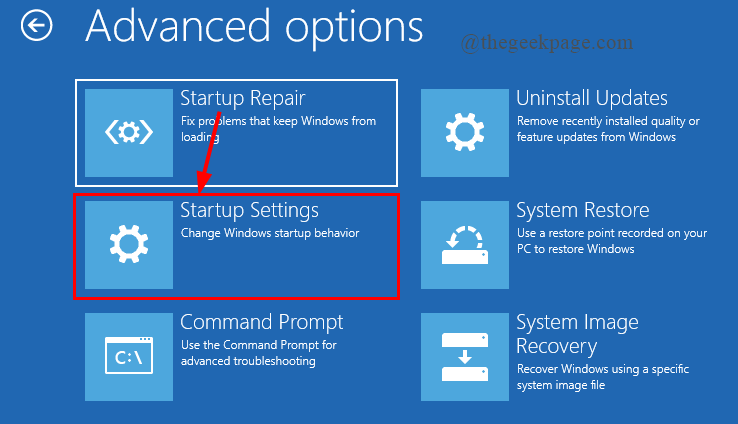 Advanced Options Startup Repair Startup Settings