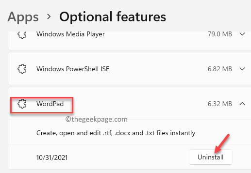 Приложения Дополнительные функции Установленные функции Wordpad Удалить Мин.