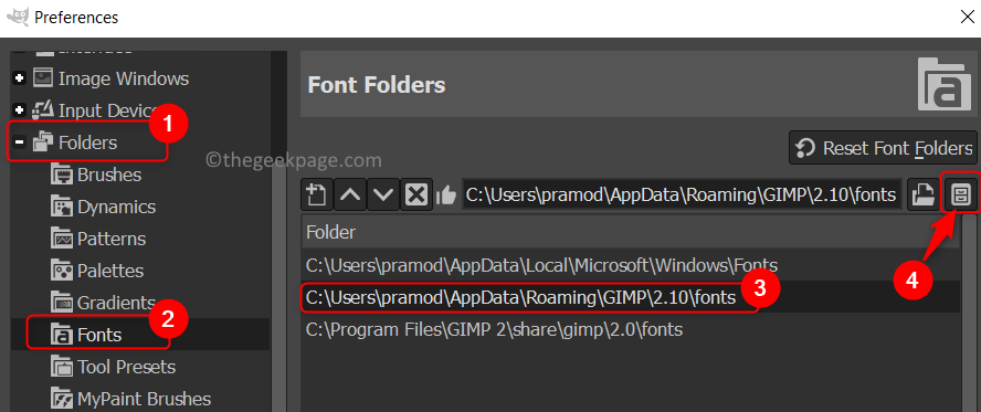 GIMP Prefernces Folders Fonts Min