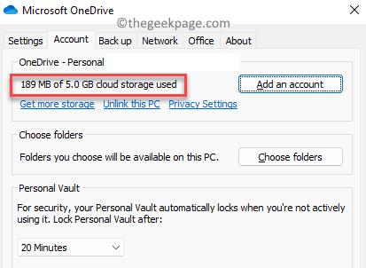 Вкладка учетной записи Microsoft Onedrive Setings Проверить хранилище