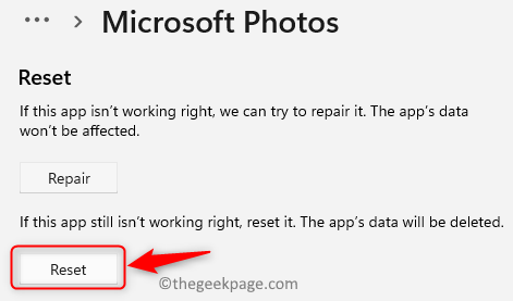 Мин. Сброса приложения Microsoft Photos