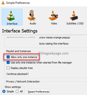 Simple Preferences Interface Settings Playlist And Instances Allow Only One Instance Check Min