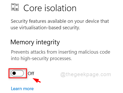 Memory Integrity Core Isolation Windows Security