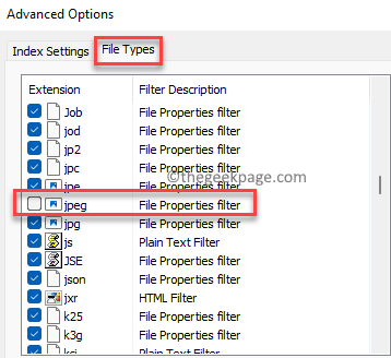 Advanced Options File Types Tab Uncheck File Type From Extensions List