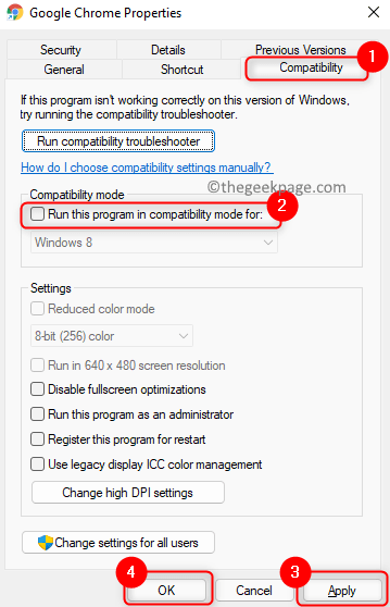 Chrome Properties Uncheck Compatibility Mode Min