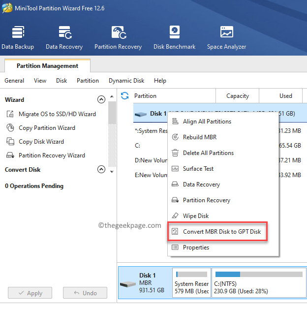 Minitool Partition Wizard Partition Management Disk Right Click Convert Mbr Disk To Gpt Disk Min