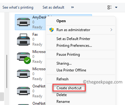 Printers Folder Right Click On Selected Printer Create Shortcut Min