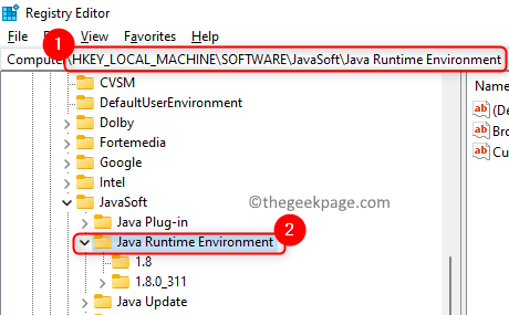 Registry Javasoft Java Runtime Environement Min