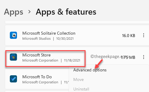 Settings Apps Apps & Features Apps List Microsoft Store Three Dots Advanced Options Min