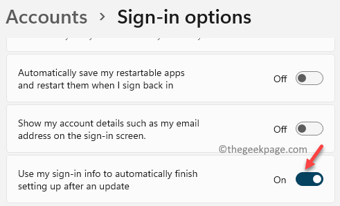 Sign In Options Additional Settings Use My Sign In Info To Automatically Finish Setting Up After An Update Enable Min