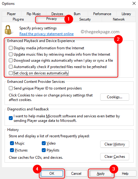 Windows Media Player Options Privacy Uncheck Enhanced Playback Options Min