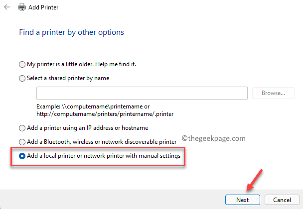 Add Printer Add A Local Printer Or Network Printer With Manual Settings Next